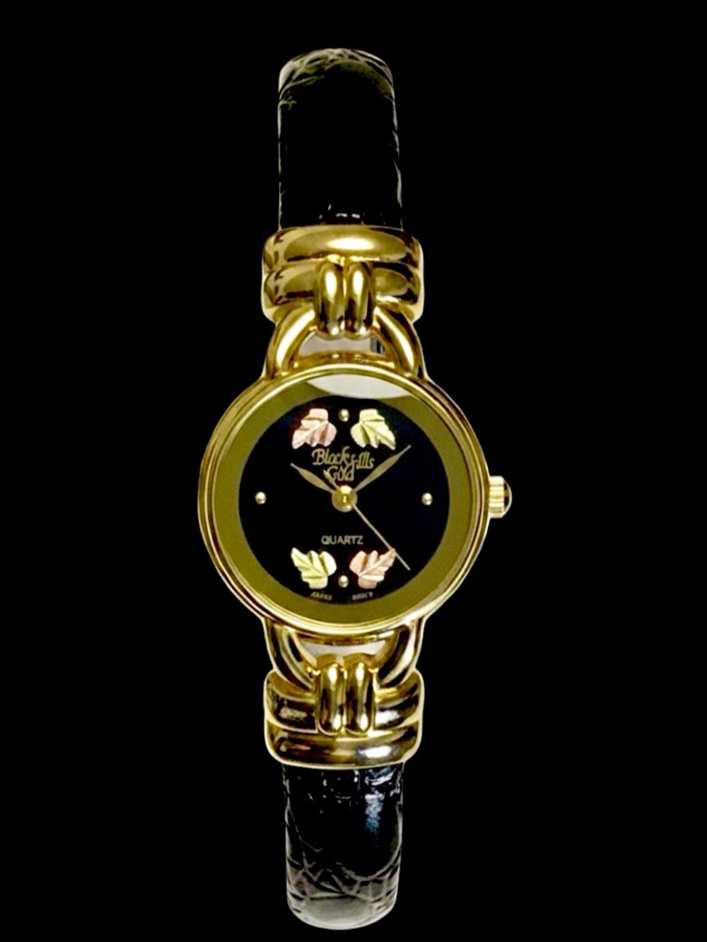 Black Hills Gold Watch With 4 Gold Leaves & Leather Bangles For Women